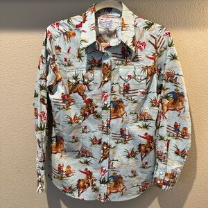 VTG Rockmount Ranch Wear Shirt Horse Riding Print Diamond Pearl Snap Large